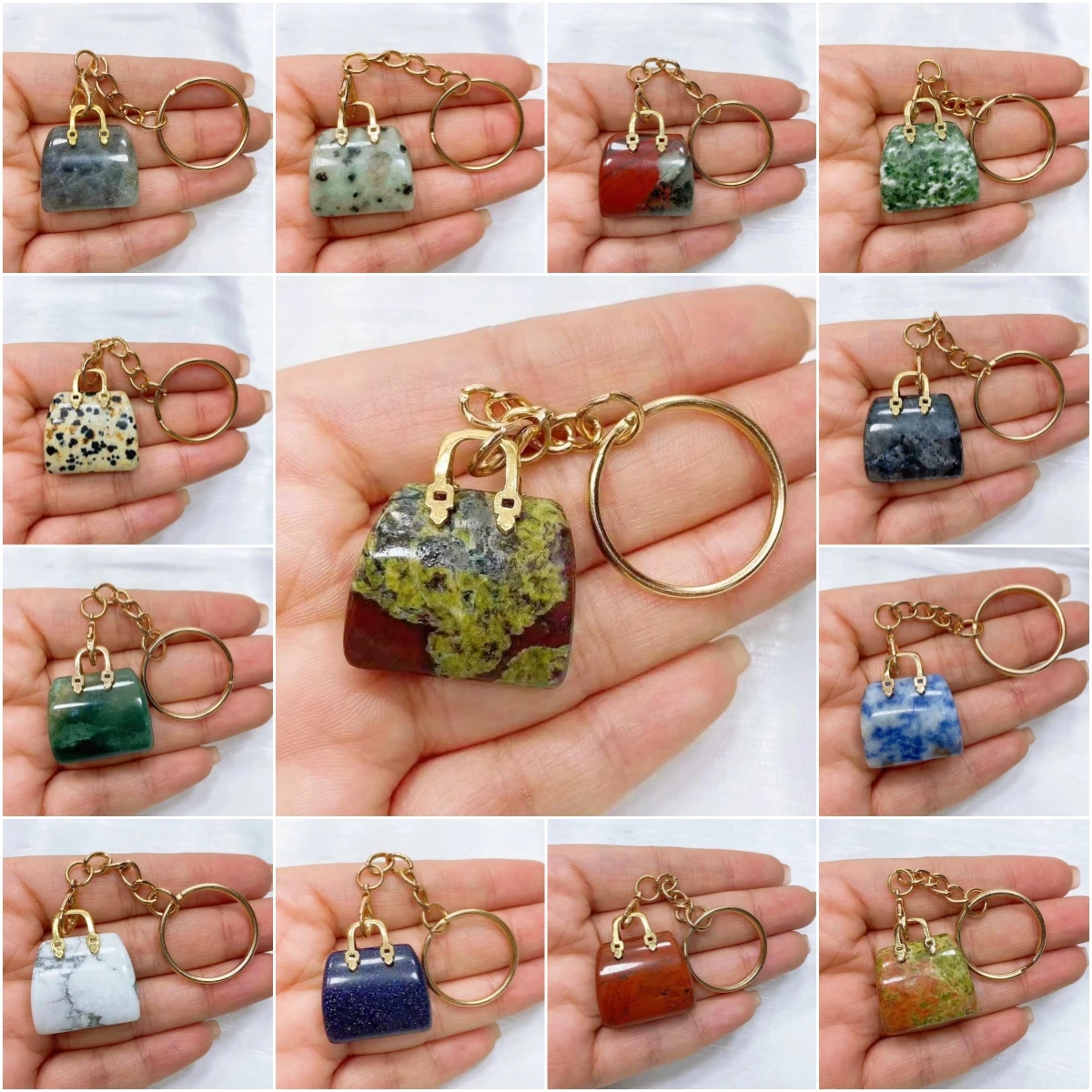 1PC Crystal Bag  Keychains Figurine Statue Natural Stone Carved Handbag Decor Motorcycle Keychain Pendant Accessory Gift