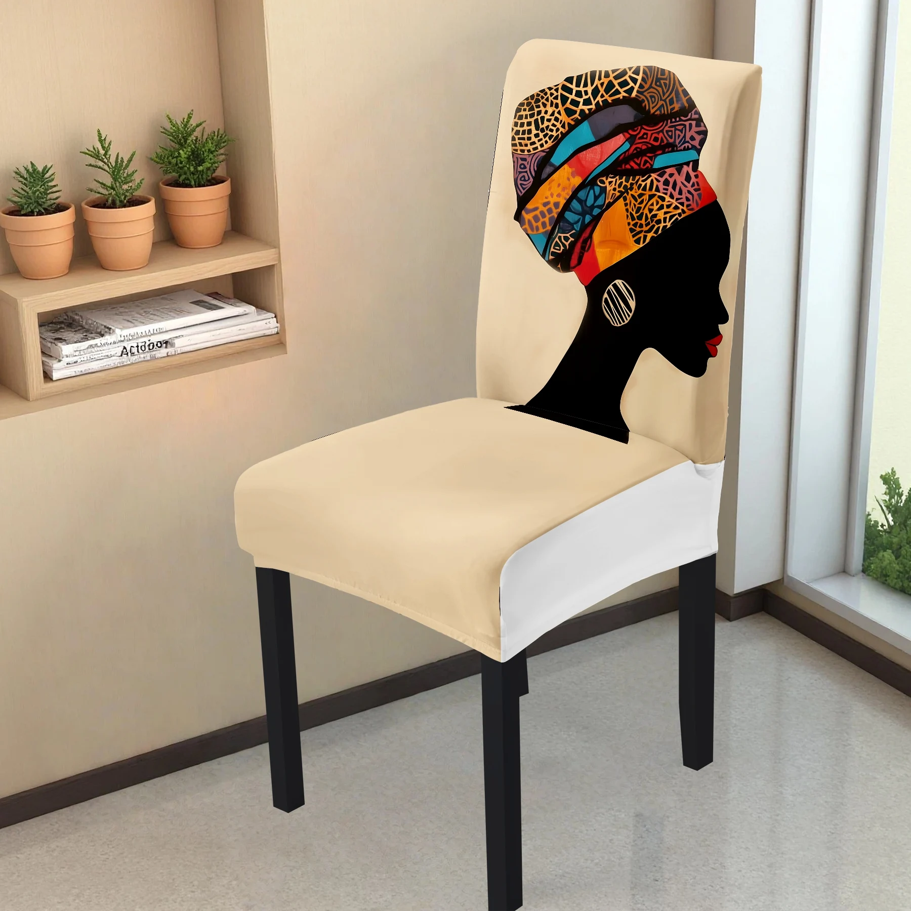 2024 New Elastic All - inclusive Chair Cover, African Style Woman Silhouette & Colorful Headscarf Print, Sum