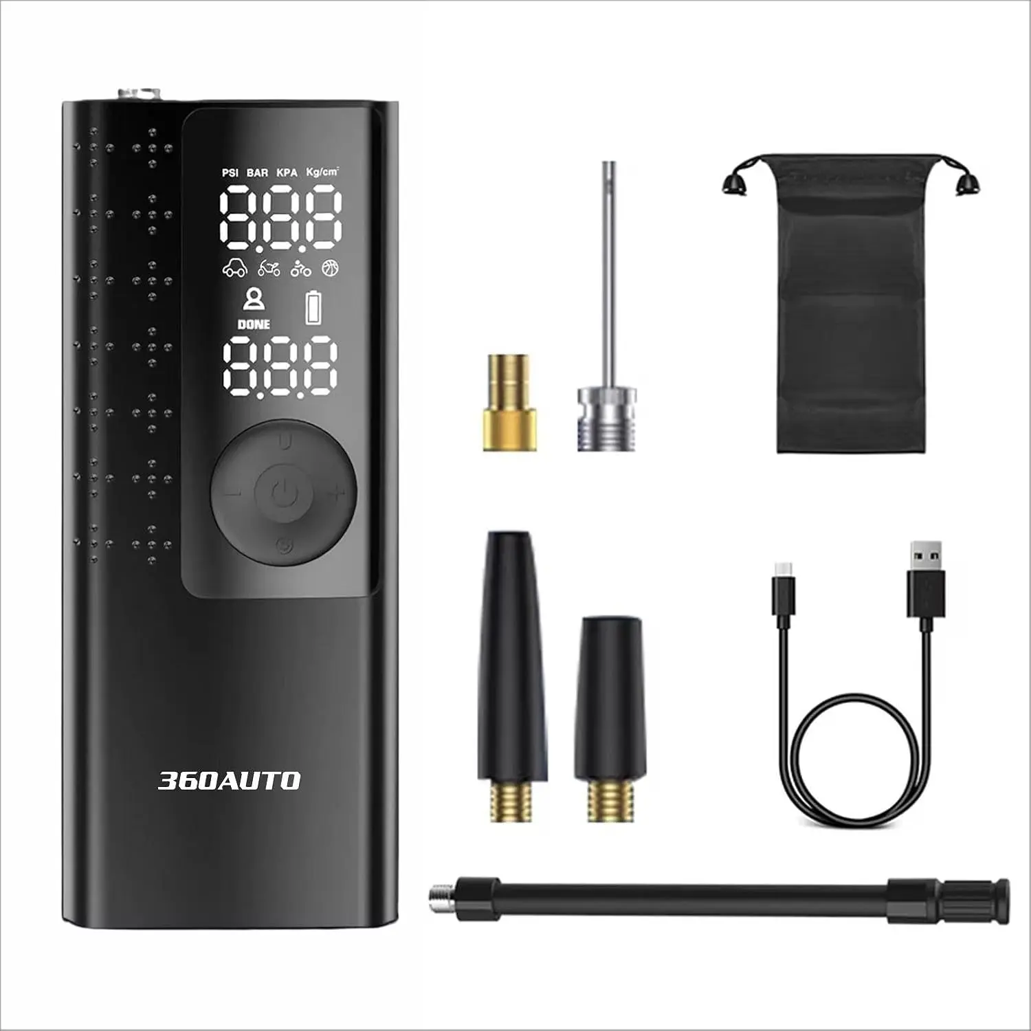 

Portable Electric Air Compressor – 5X Faster Tire Inflator, 150 PSI with Gauge, Battery Powered, Auto-Off, for Car, Bike, Ball