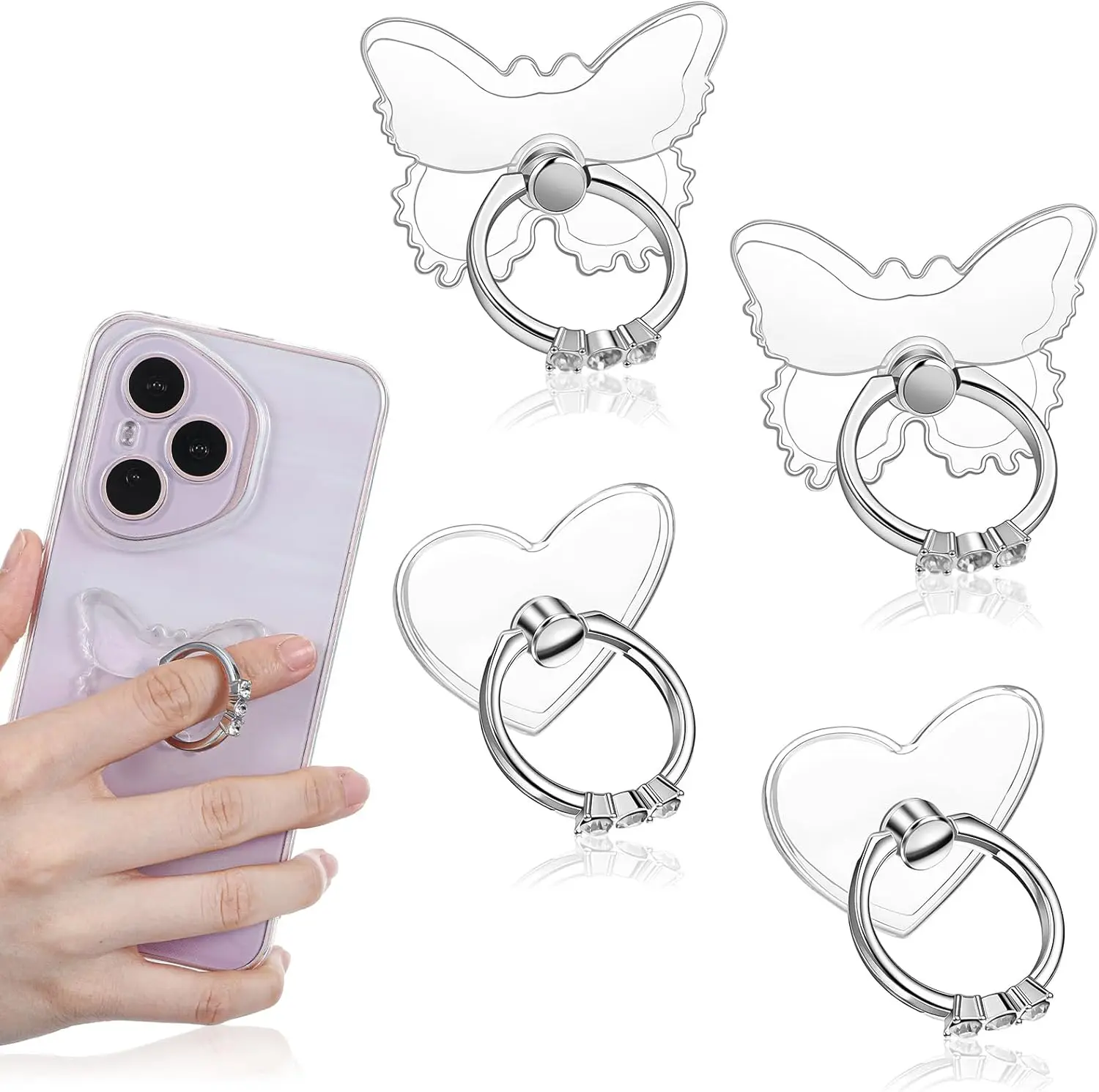 

4 шт. держателей-кольц для мобильных телефонов, милые держатели-кольца для телефонов в форме сердца и бабочки с бриллиантами, 360° ° Вращающееся кольцо для пальца