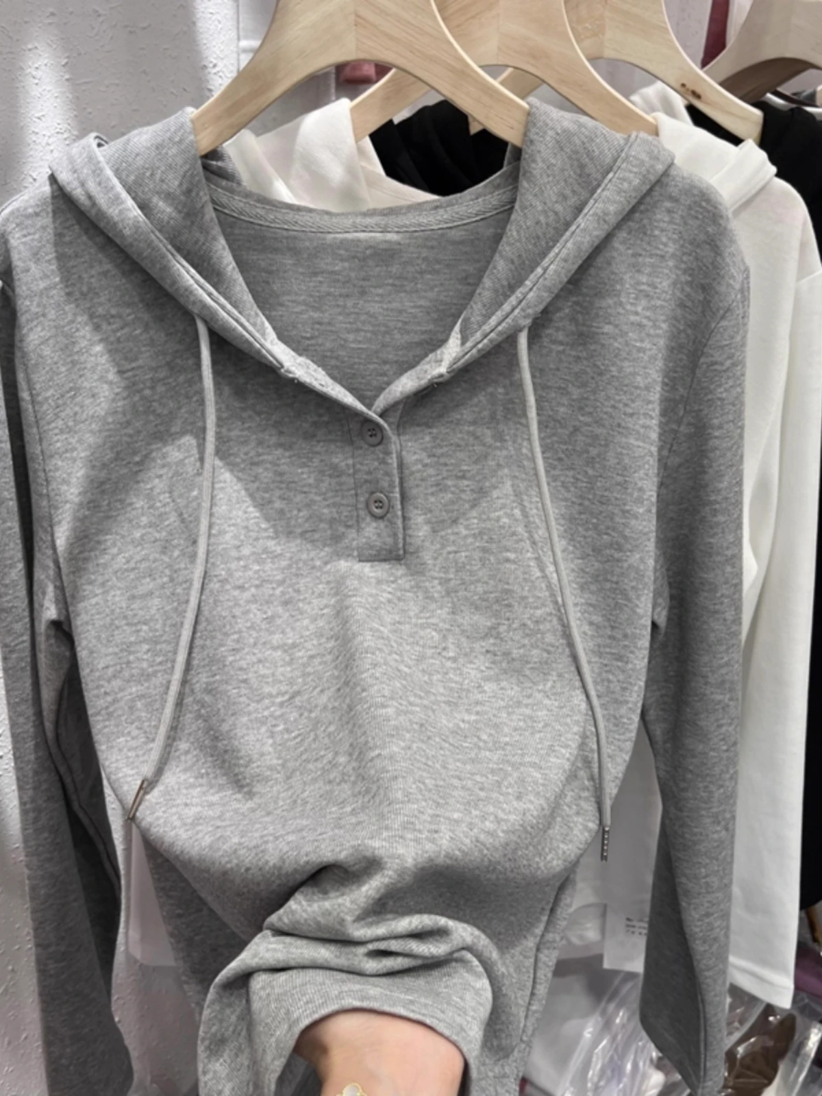 Slim Fit  Color Hoodie T-Shirt Women's Base Layer Casual Versatile Knitted Top Spring Autumn New Style Simple Base Shirt