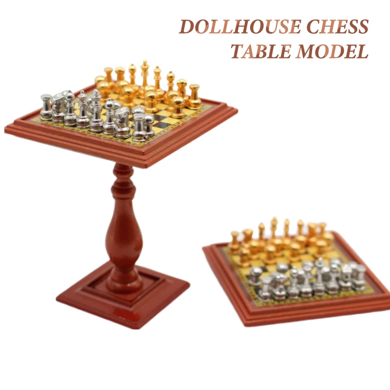 1Set 1/12 Puppenhaus Mini International Schach Tisch Miniatur Legierung Schachbrett Tisch Home Szene Decor Modell Kind Spielzeug Zubehör