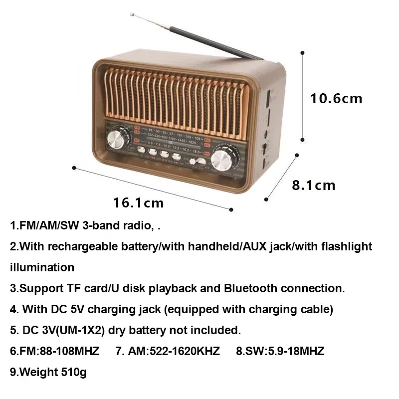 Portable Retro Radio Mini FM/AM/SW Radio Receiver Vintage Bluetooth Speaker with LED Flashlight Suuport TF Card USB AUX Play