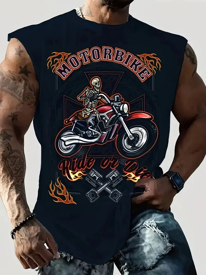 

Pop Summer New Vest T-shirt Viking Motorcycle Pattern Round Neck Clothing Daily Fitness Sports Breathable Short-sleeved Top