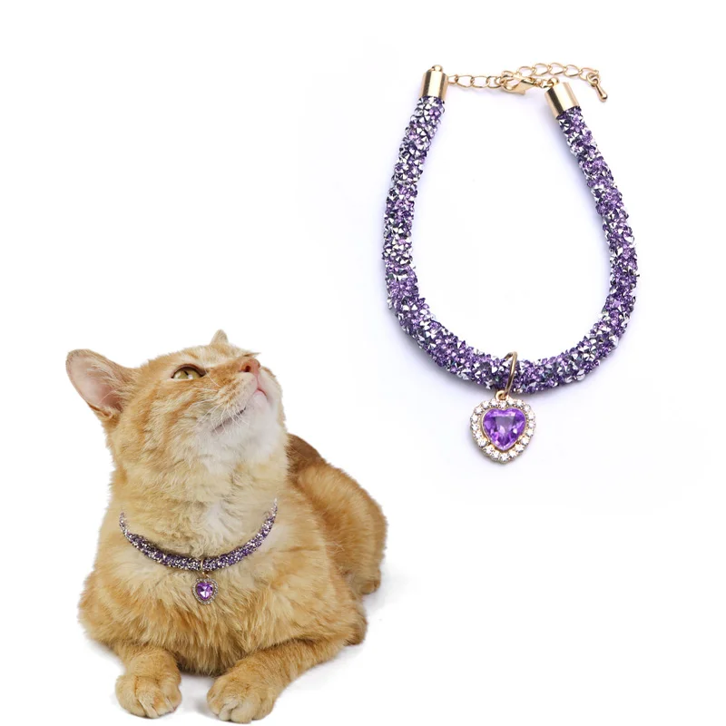 Luxury Cat Collar with Heart Crystal Pendant Puppy Chihuahua Necklace Reflective Rhinestone Kitten Neck Strap Pets Accessories