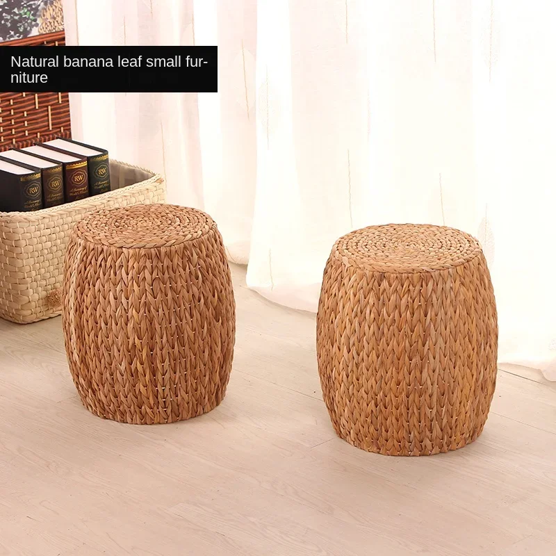 Fashionable Retro Breathable Home Stool: Creative Circle Short Chair with Internal Steel Frame, Grass Weaving Ottoman