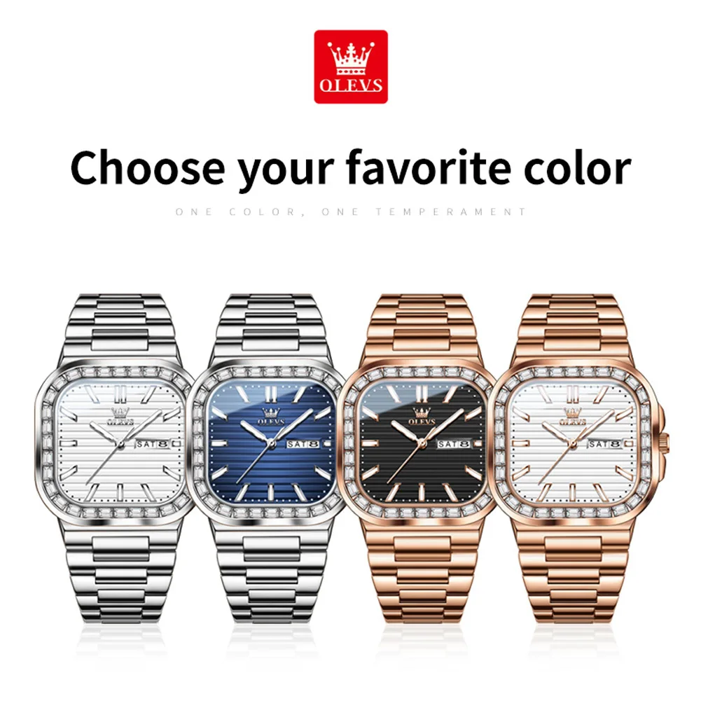 OLEVS นาฬิกาควอทซ์สแตนเลสสำหรับผู้ชาย, นาฬิกาข้อมือติดตักเพชร Nautilus ปฏิทินคู่กันน้ำเรืองแสง