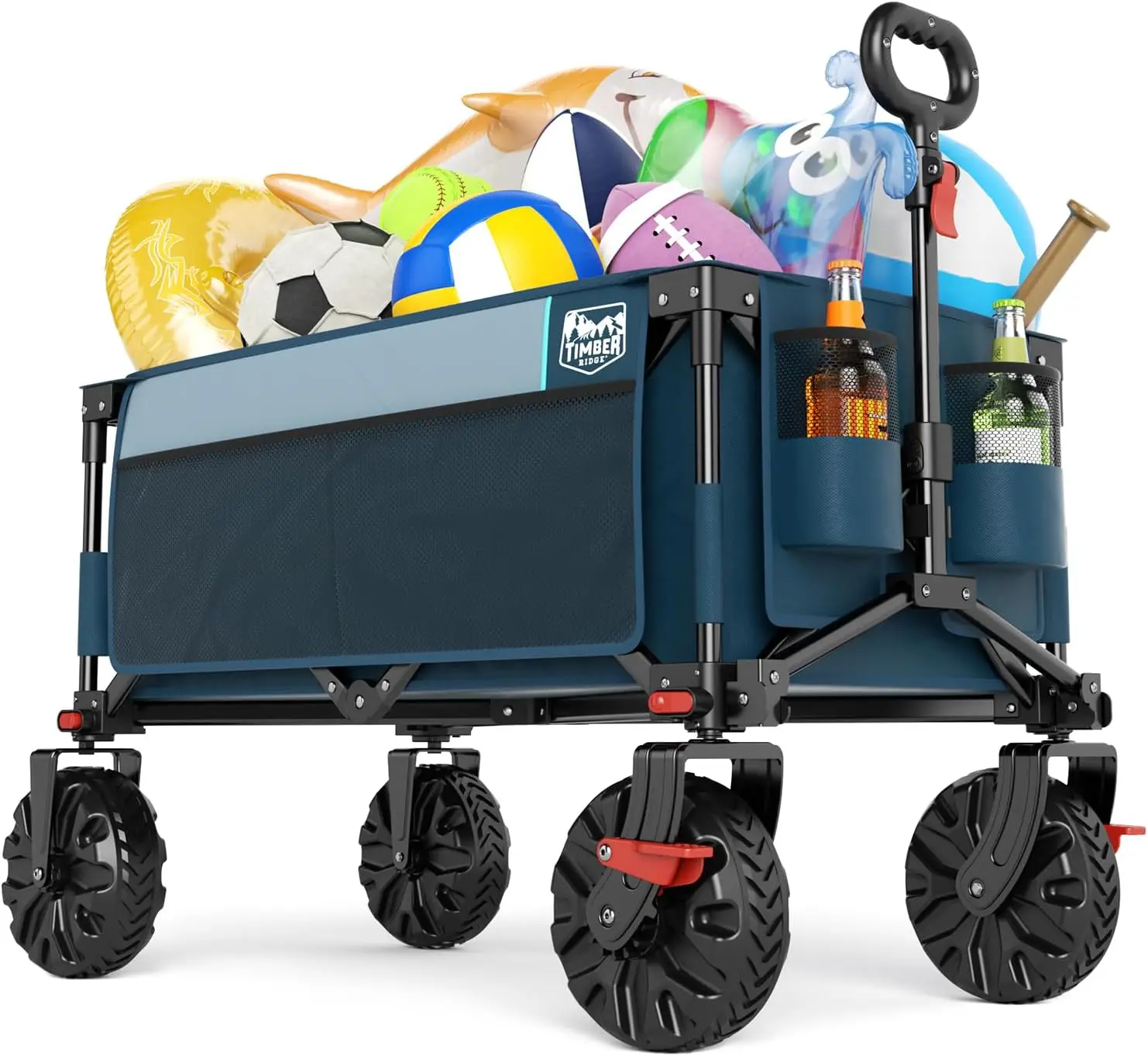 

Collapsible Wagon with Brakes, All-Terrain Wheels for Camping Shopping Garden, Includes Side Bag & Cup Holders