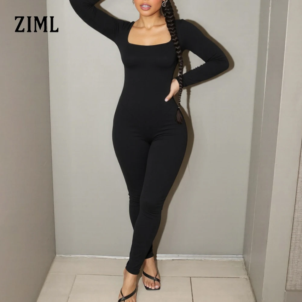 

ZIML Slimming Lace Up Sexy Solid Jumpsuits For Women Square Collar Long Sleeve High Waist Spring Design Sense Jumpsuit Female