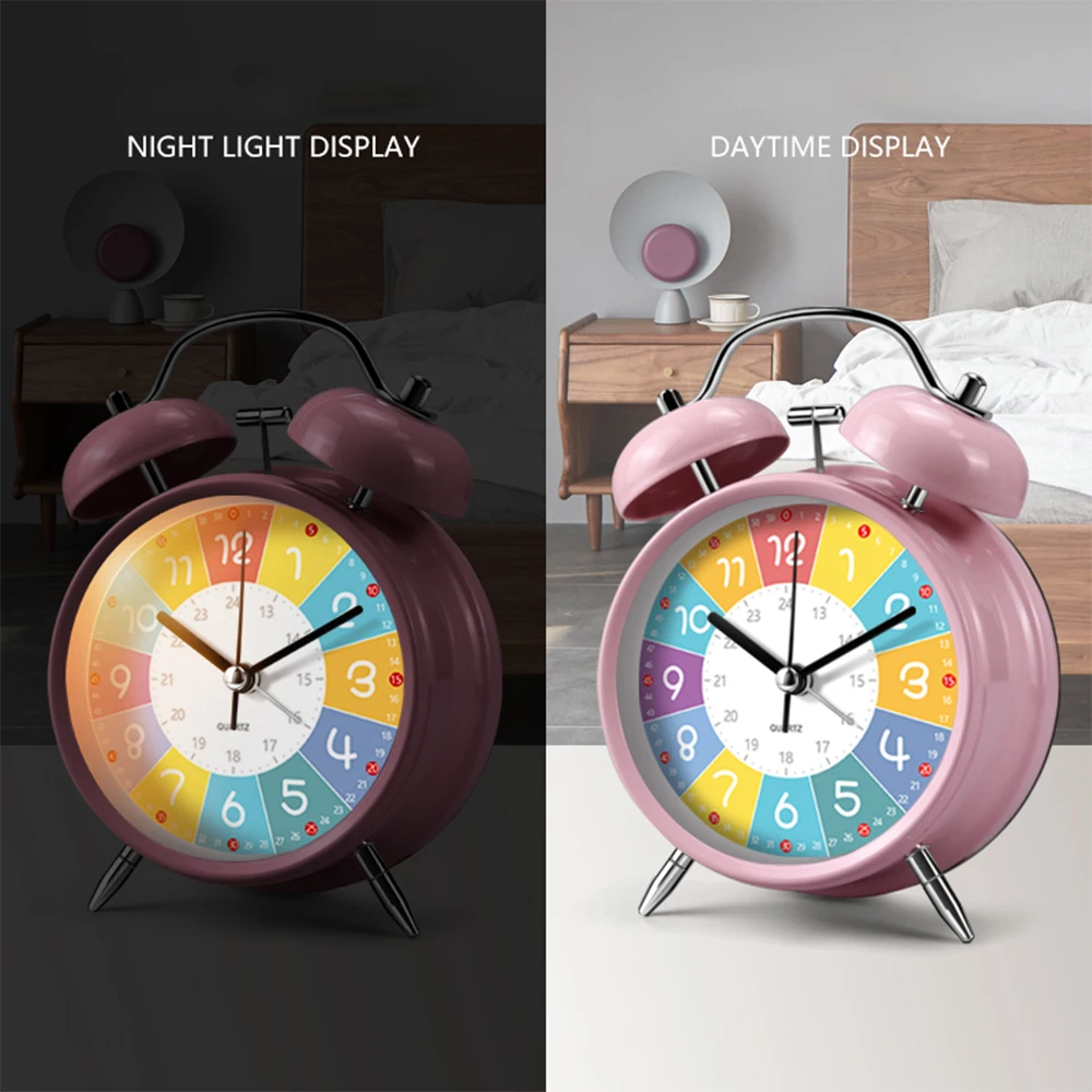 Reloj despertador de dibujos animados con marco de Metal y campana doble, herramienta de despertador para niños, gran volumen con luz nocturna, 4 pulgadas, 1 ud.