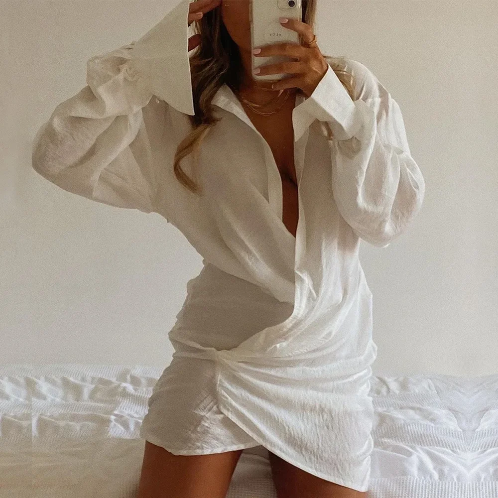 

Long Sleeved Button Turn Down Collar White Shirt Dress Sexy Deep V Irregular Women'S Clothing Fashion Tops Blouse Autumn Spring