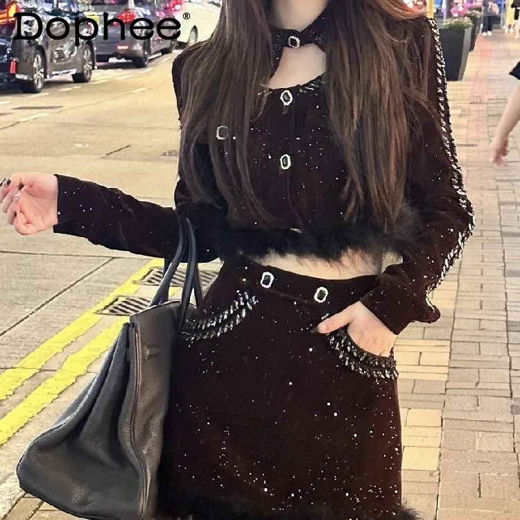

Fashion Temperament Skirt Suit Female 2024 Spring Autumn Glitter Short Jacket High Waist Skirt Two Piece Sets Womens Outifits