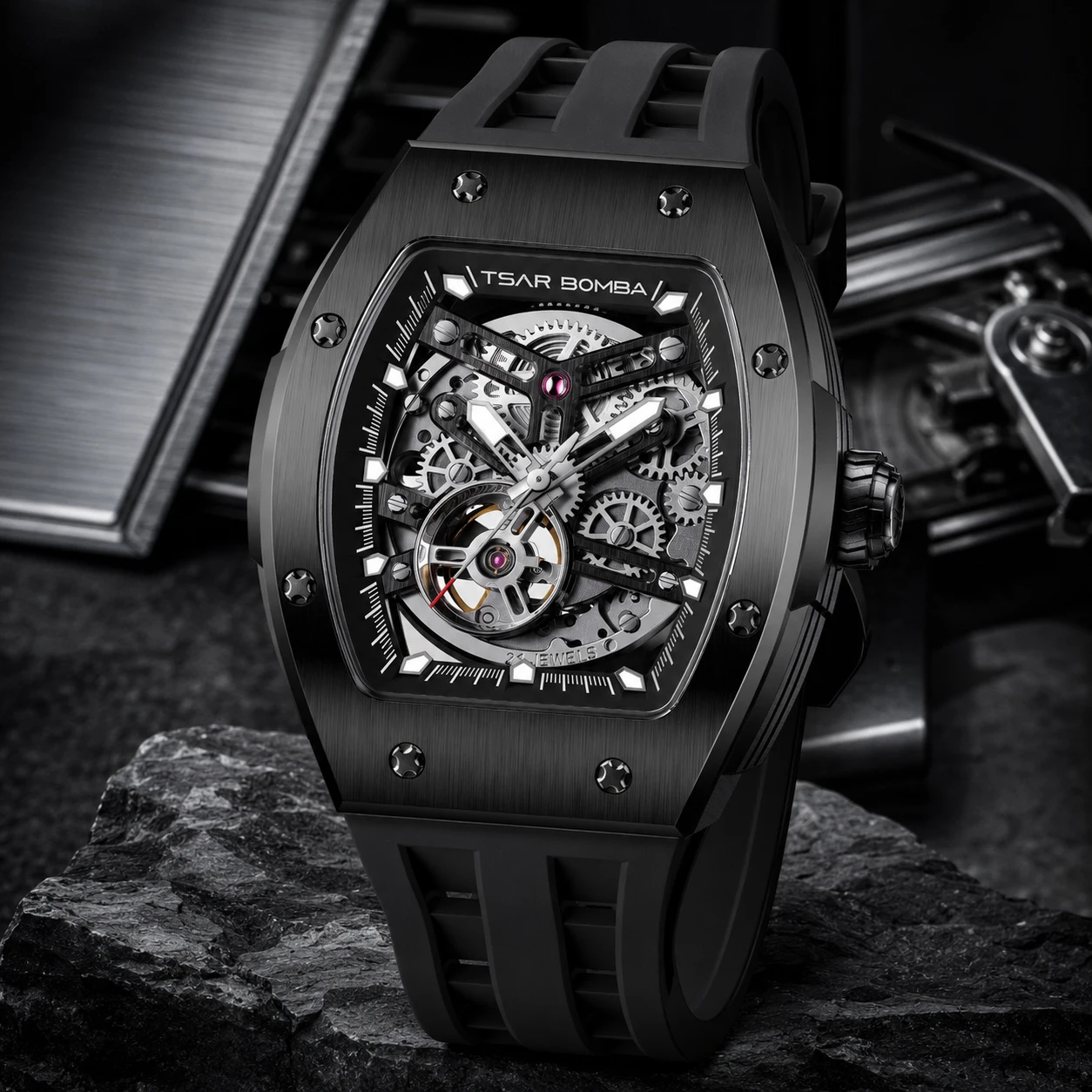 TSAR BOMBA Men’s Mechanical Skeleton Watch 316L Stainless Steel Sapphire Crystal Luminous Shock Water Resistant