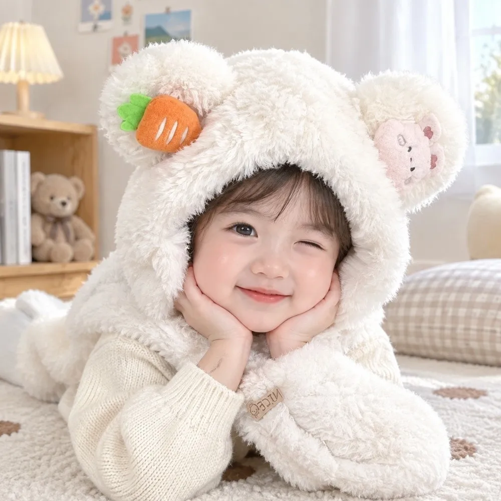 Fashion Windproof Kids Hooded Scarf Hat Thick Warm Cartoon Baby Bear Ear Hat Rabbit Carrot Winter Plush Integrated Hat Unisex