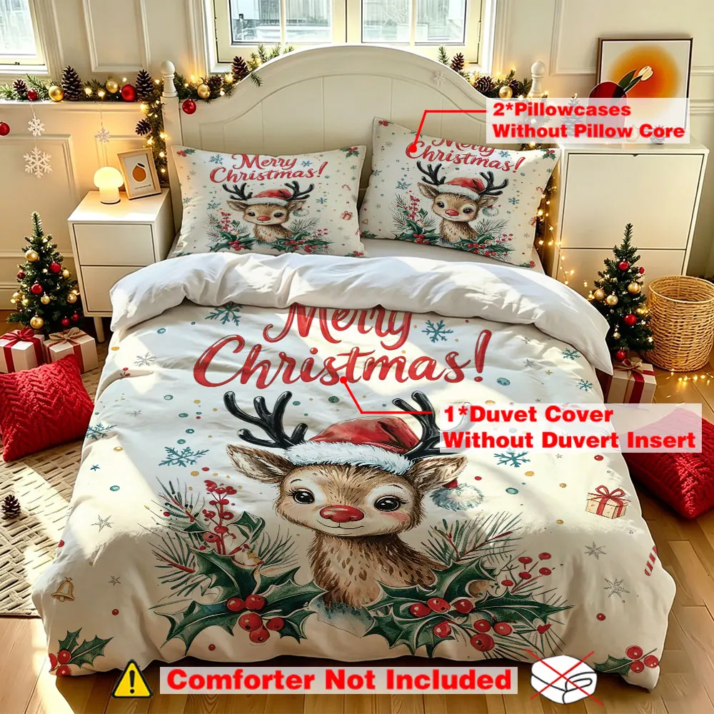 3pcs(1 duvet cover + 2 pillowcases, coreless)Christmas hat-themed deer-illustrated bedding set,available in multiple sizes
