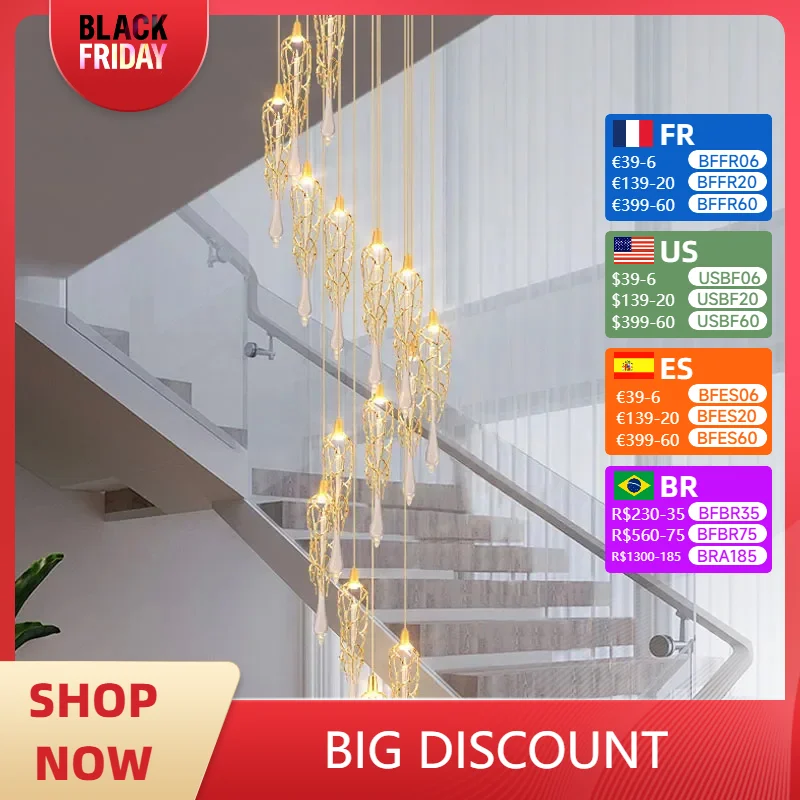 Modern Branches Crystal LED Chandelier For Staircase Luxury Cristal Long Art Hanging Lamps Spiral Indoor Large Lighting Fixtures