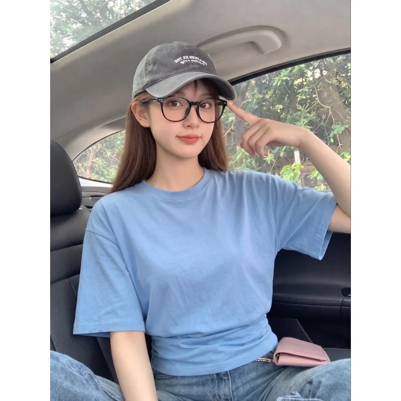 Korean Loose Short Sleeve round Neck T-Shirt Wide Shoulder Pure Color Waist Cinched Gathered Side Slit Regular Polyester