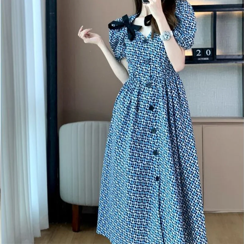 Casual Fashion Printing Button Bow Belt Dresses Summer 2023 New Short Puff Sleeve V-Neck Loose Tunic Midi Dress Women\'s Clothing