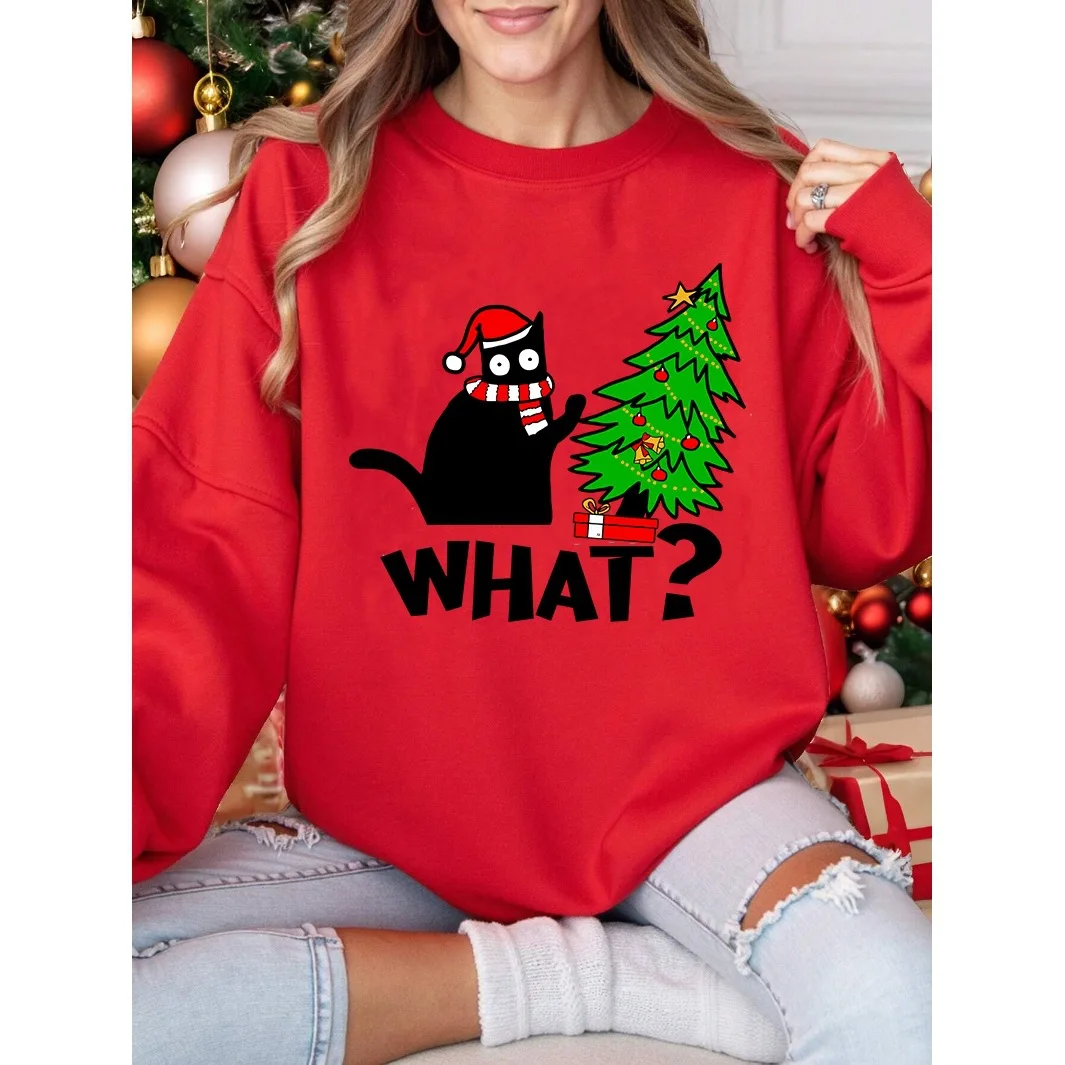 

Женская рождественская толстовка с принтом черного кота, удобная рождественская тема, повседневная толстовка с круглым вырезом для праздничной одежды