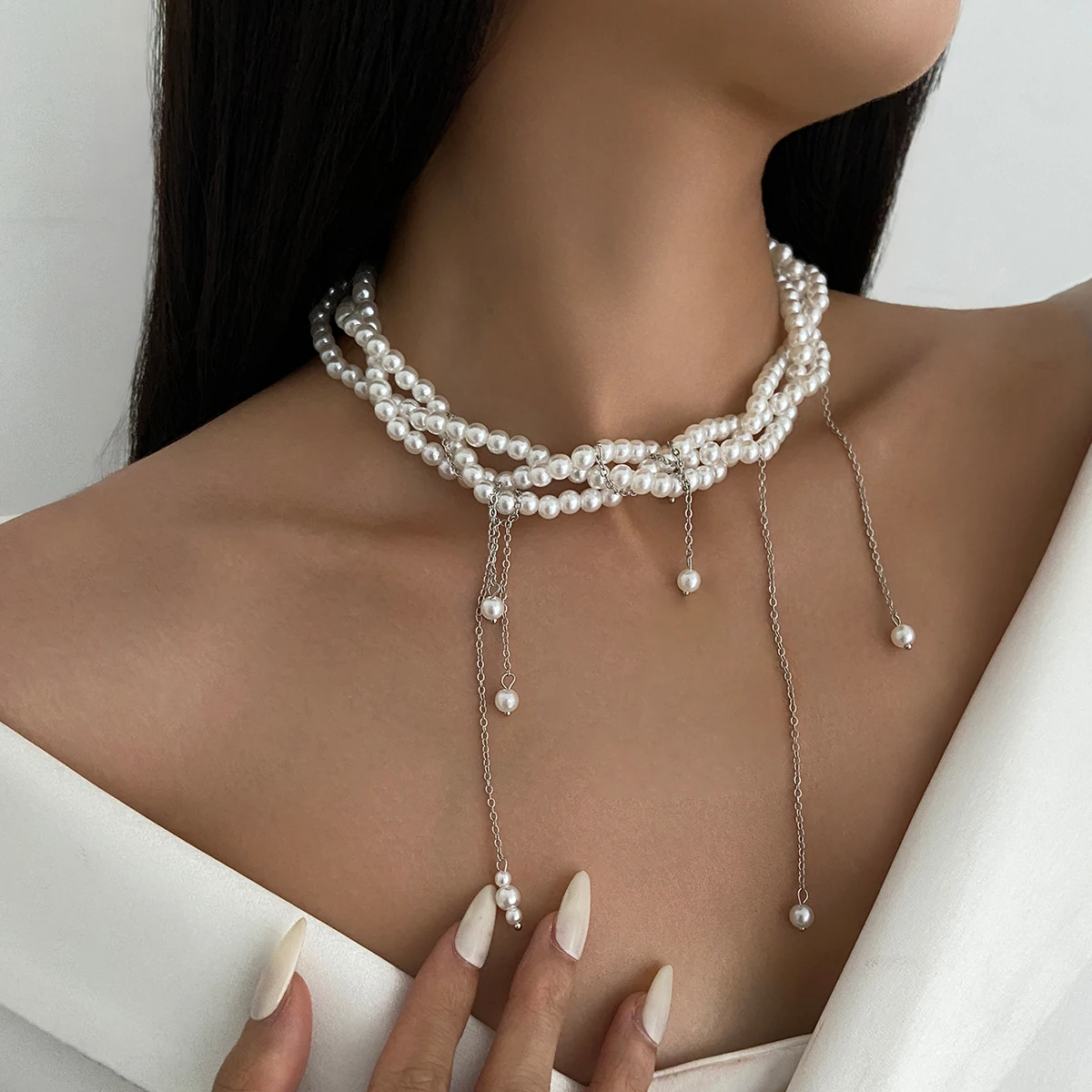 Ingemark Elegant Multilayer Imitation Pearl Choker Necklace For Women Vintage Creative Tassel Pendant Necklace Wedding Jewelry image 3