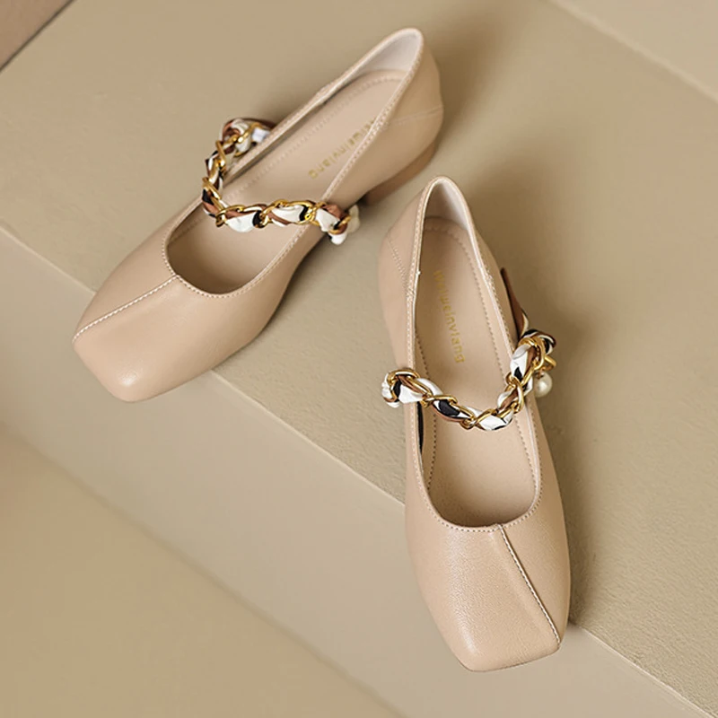 Туфли Мэри Джейн Женские туфли-лодочки Сандалии с квадратным носком Модные туфли на массивном каблуке с цепочкой Неглубокие шлепанцы на низком каблуке Большой размер Абрикосовый хаки