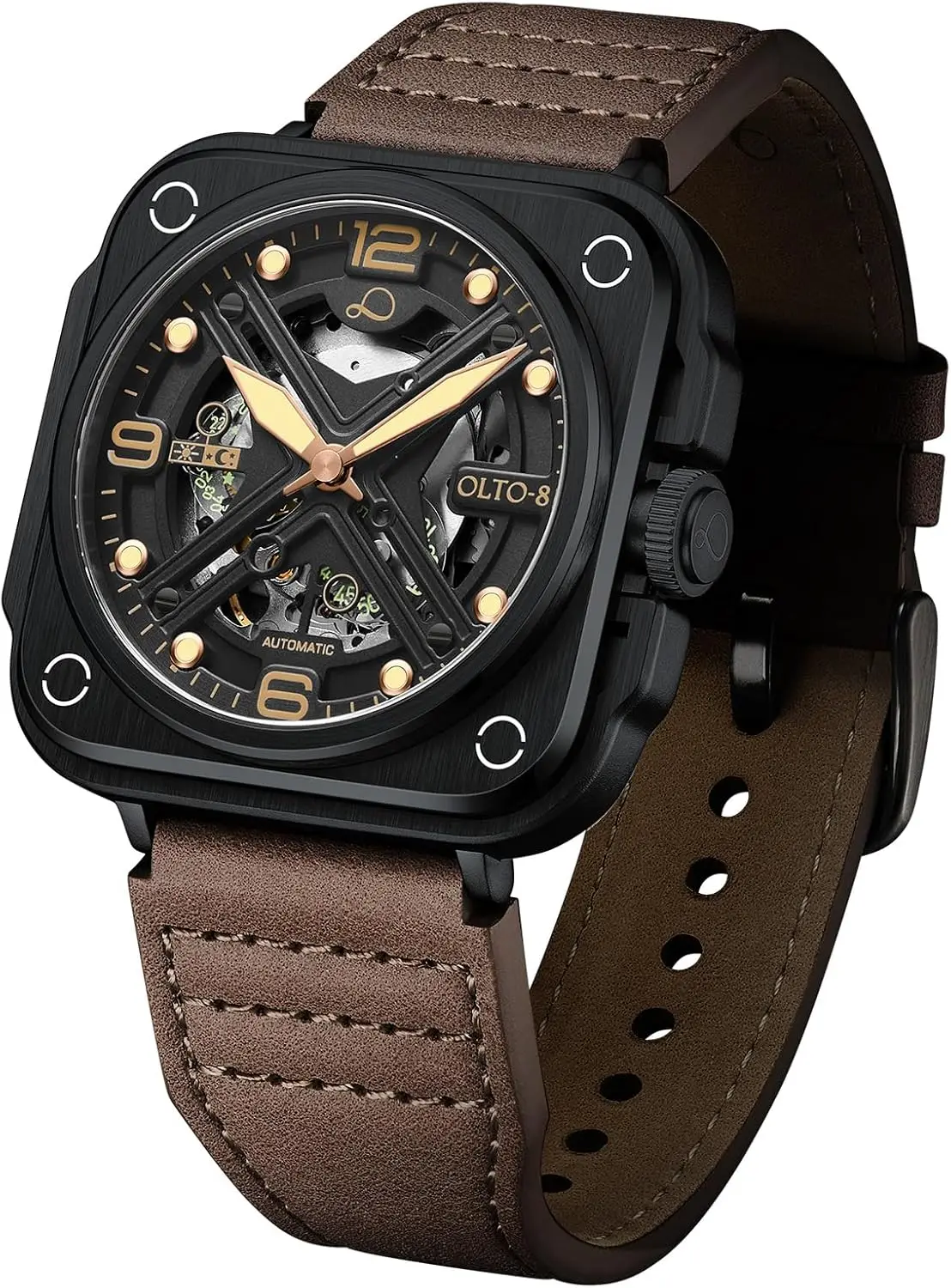 

OLTO-8 Skeleton Automatic Watch for Men Square Luxury Stainless Steel 50 Meters Waterproof with Leather Strap Wrist Watch