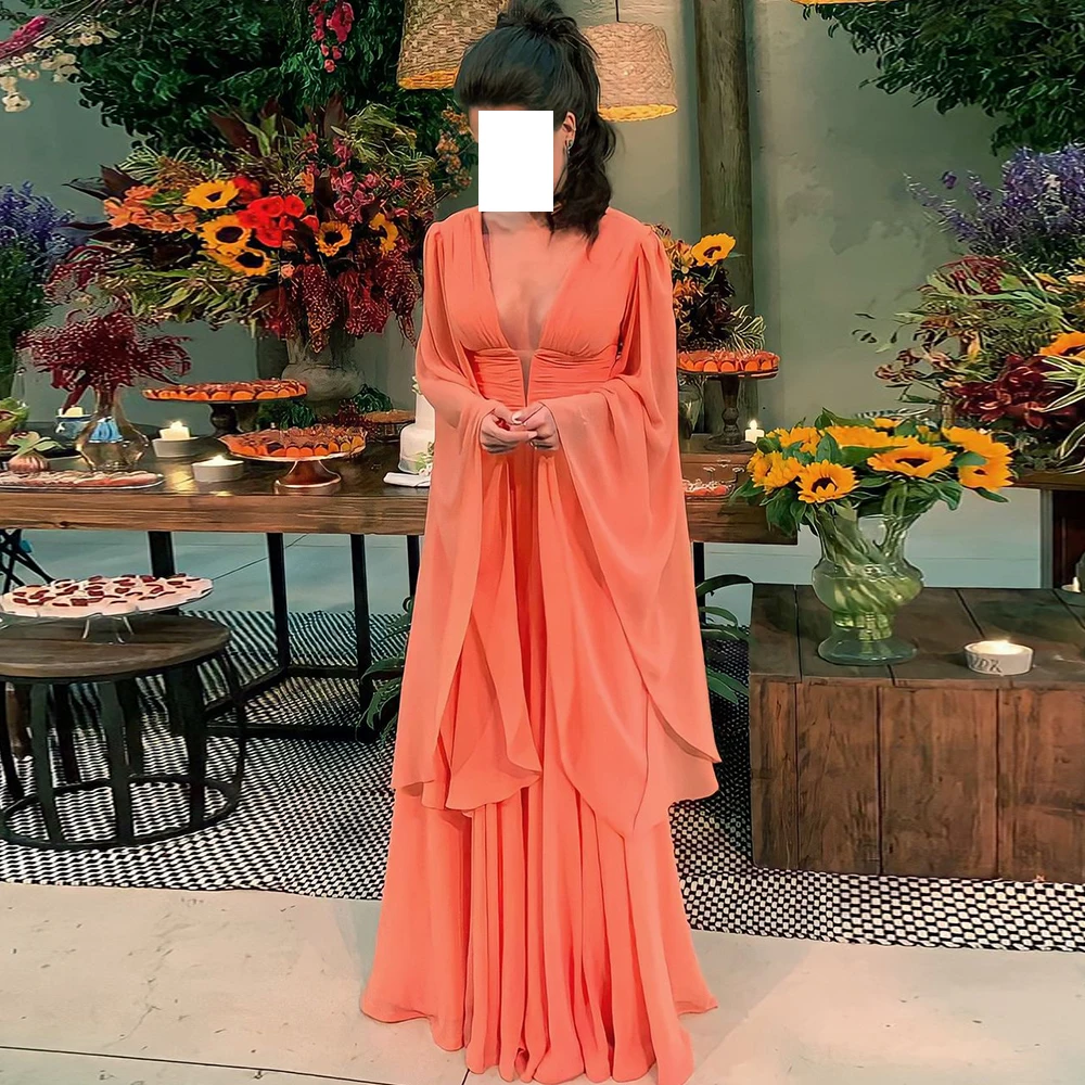 

Dubai Evening Dress Long Sleeve V-Neck Floor Length Pleats Flare Sleeve Chiffon Solid Color Plus Size Dresses For Occasions