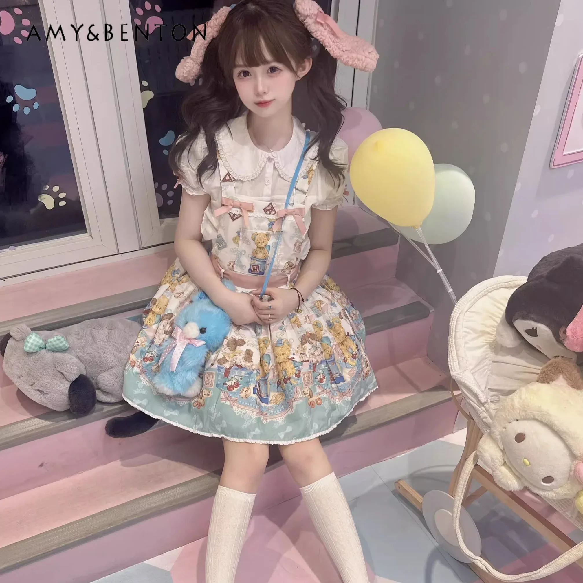 Daily Cute Cartoon Printed Bow JSK Mini Dress Sweet Girl Slim Lolita Tutu Dresses Graceful Princess Birthday Dress for Women