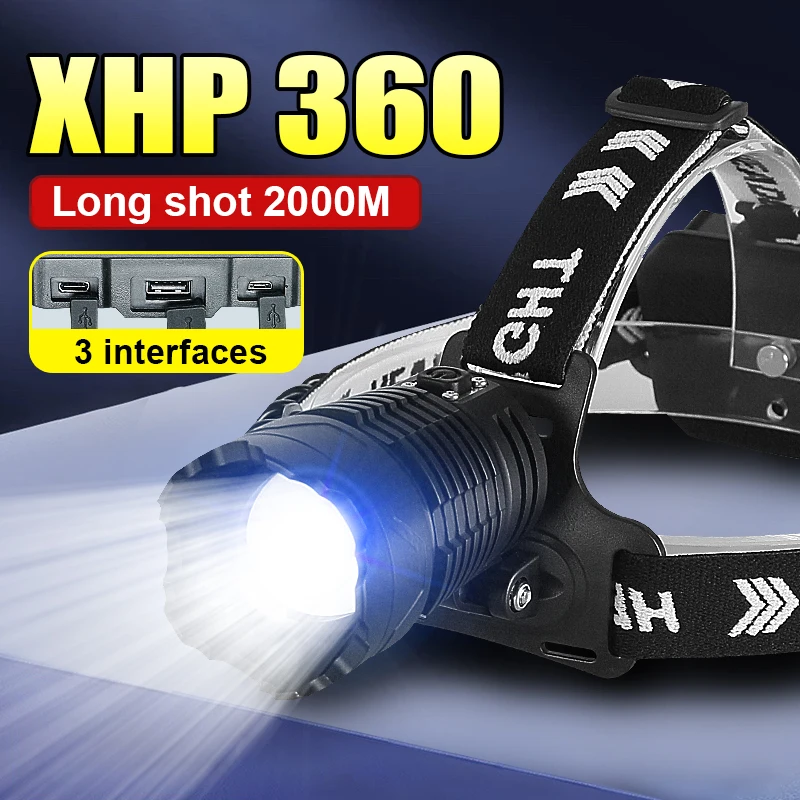 XHP 360 Head Lantern Led Rechargeable High Performance Headlight 18650 Type-C USB Head Flashlight Waterproof 4 Modes Headlamp