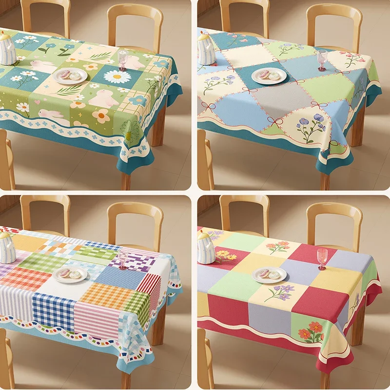 Korean Dopamine Lattice Spliced Tablecloth Waterproof Oil-Proof Washless Table Cover Aesthetic Anti-Scratch Dining Decoration