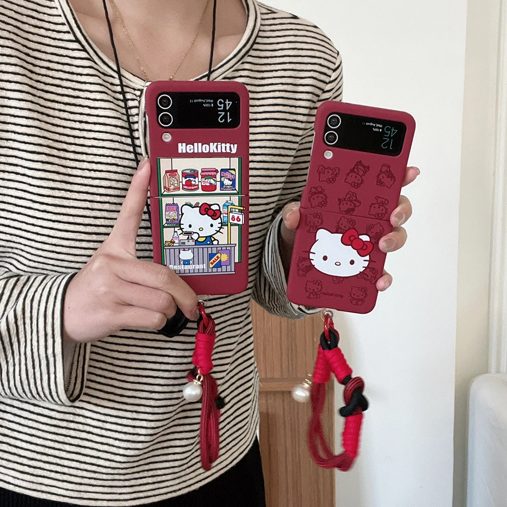 

Cute Cartoon Hello Kitty with Lanyard Phone Case for Samsung Galaxy Z Flip 3 4 Z Flip 5 6 5G PC Hard Anti-drop Back Cover Funda