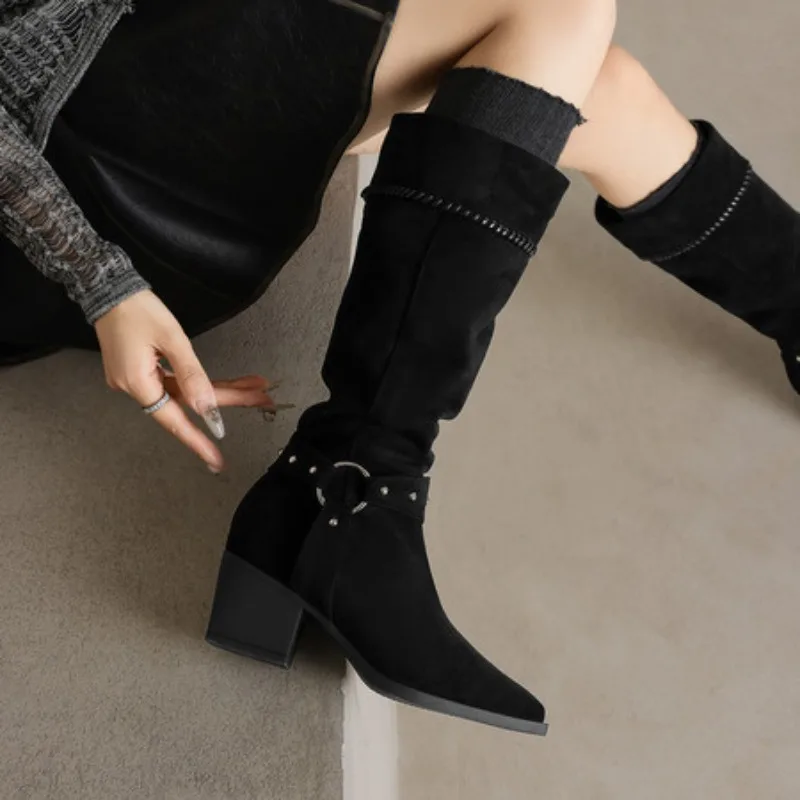 

Handmade Soft Leather Retro Women's Boots Autumn Winter Fashion Sharp Pointed Toe over Knee Boots Luxury Sensation Female Shoes