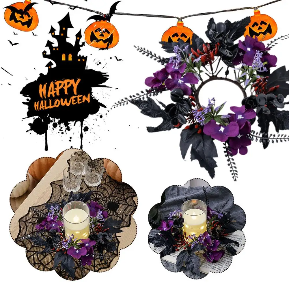 Halloween Black Leaf Candle Wreath Candlestick Pumpkin Supplies Garland Ornament Halloween Desktop Decoration Artificial F6M3