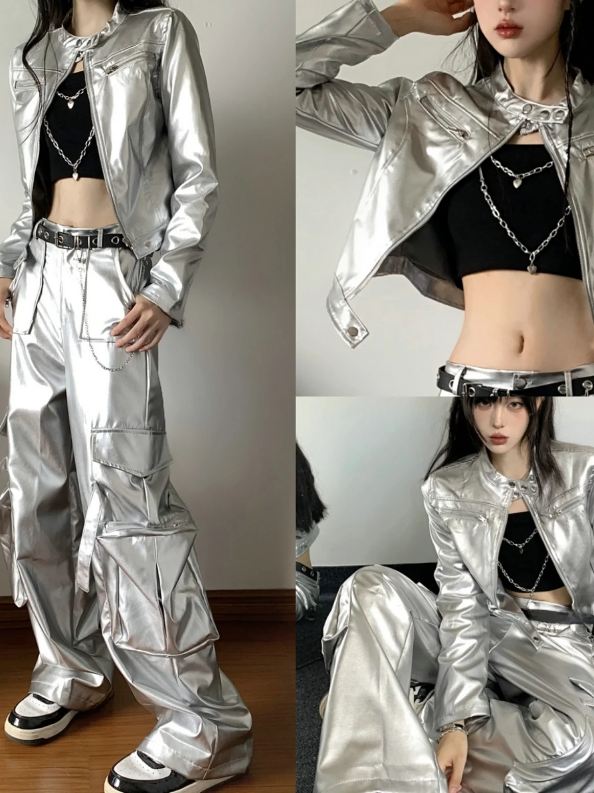 Silver American Style Motorcycle Jacket Jazz Dance Shiny Surface Sexy Girl Outfit Set Glittering Pants for Women