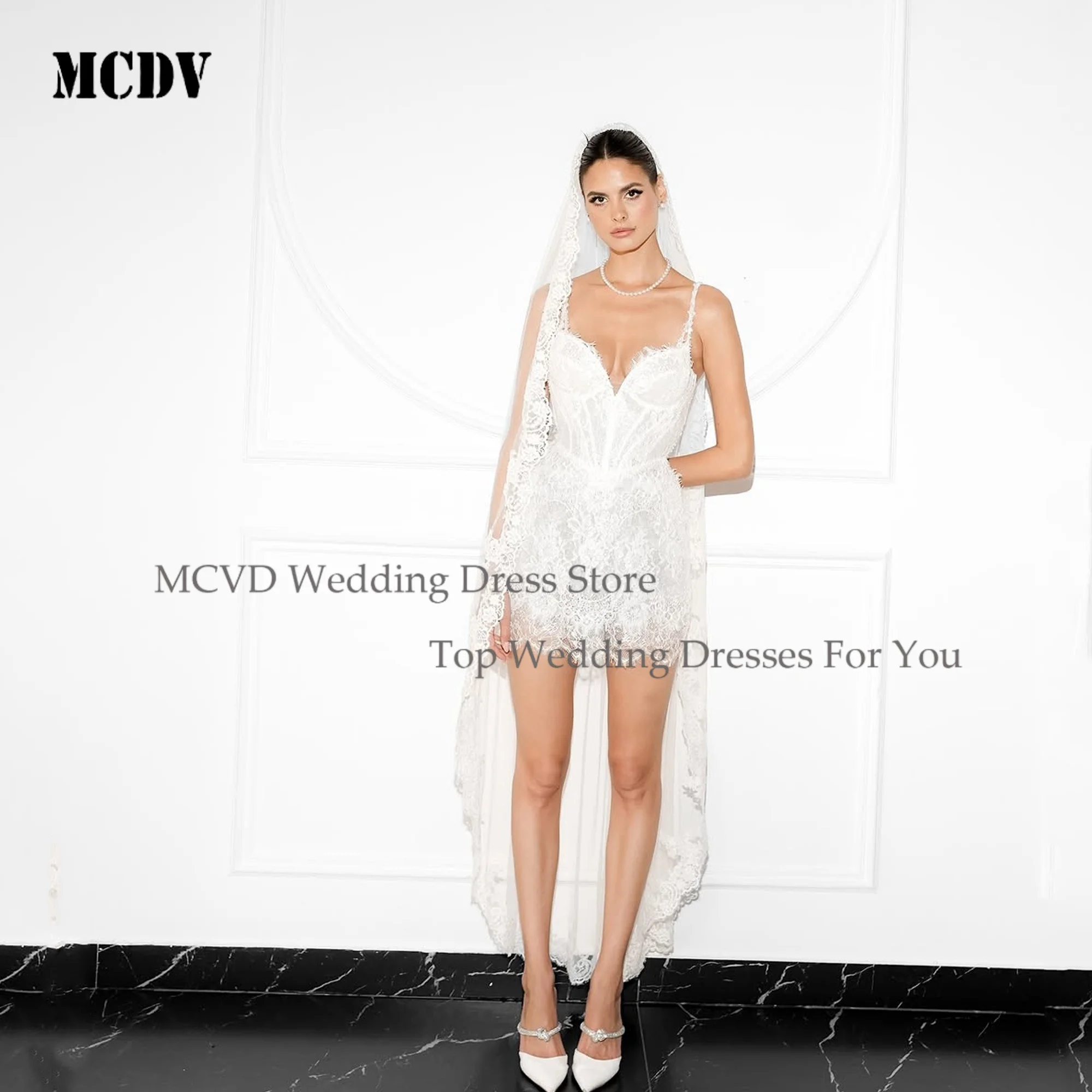 

Lace Wedding Dress Sweetheart Lace Applique Spaghetti Strap Engagement Dress Above Knee vestido corto blanco de novia Customized