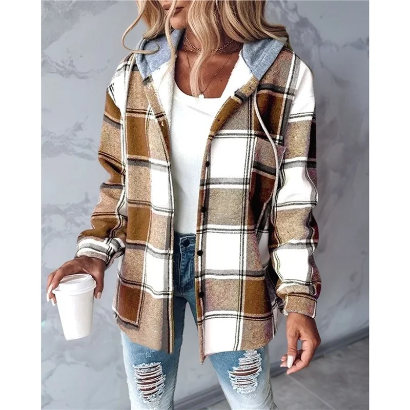 Damen-Hemd mit Karomuster, Button-Down-Langarmjacke, Fleece-gefütterter Kapuzenpullover, lässiges, trendiges Blusenoberteil