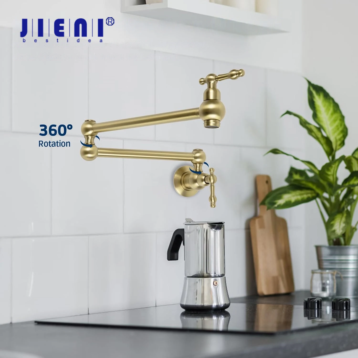 

JIENI Brushed Gold Pot Filler Faucet Solid Brass Wall Mounted Foldable Kitchen Faucet Double Joint Cold Water Balcony Taps