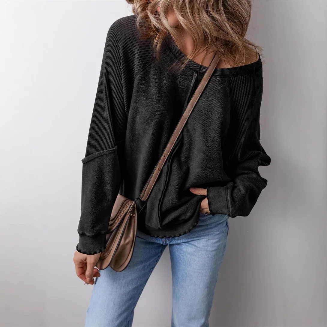 

Women Spliced Pullovers Sweaters Solid Knitted Coats O Neck Long Sleeves Slight Strech Loose Fit Office Lady Casual 2025 Autumn