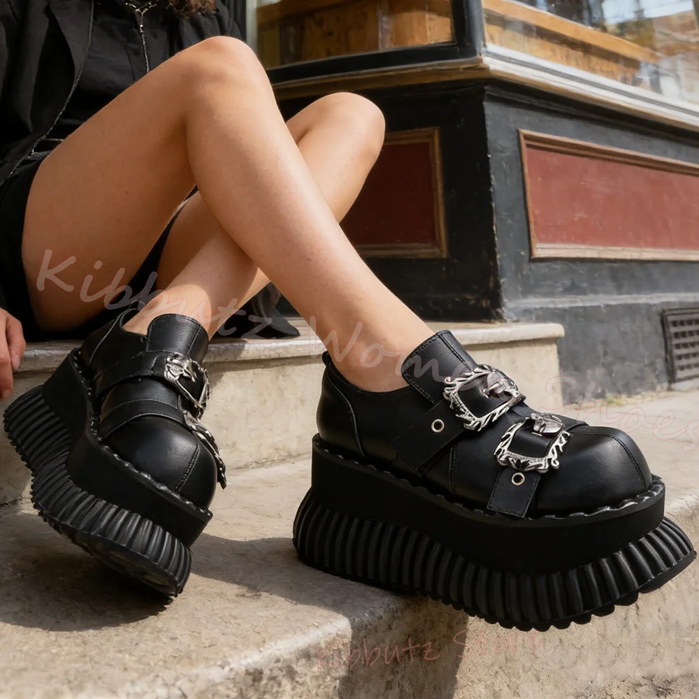 Gothic Platform Mary Jane Pumps Wavy Chunky Sole Double Metal Buckle Strap Leather Punk Women Shoes Alternative Fashion Sexy New