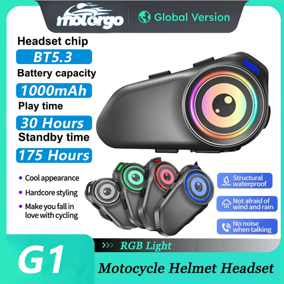 G1 Motorcycle Headset: 2-Person1000M Wireless Intercom, Supports Music Sharing and RGB Ambient Lighting, 30 Hours of Continuous Playback, High-Volume Stereo Sound, IPX6 Compatible with Full-Face and Half-Face Helmets