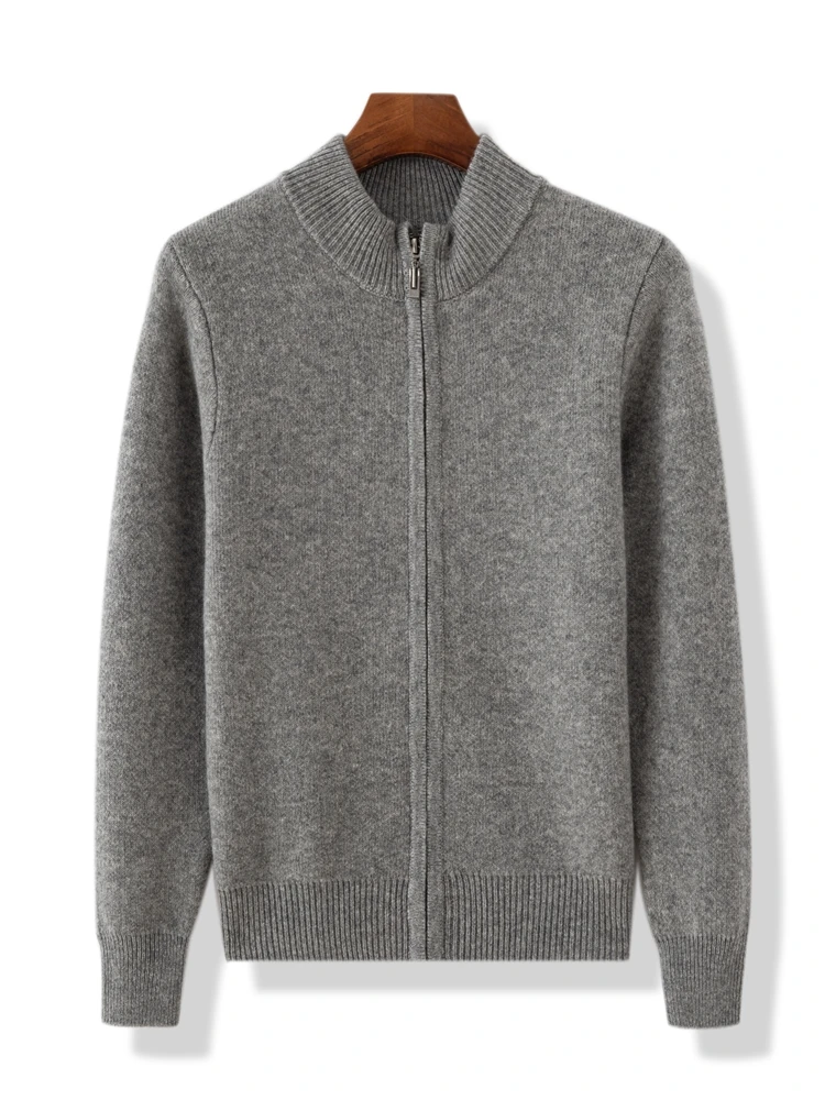 

Autumn Winter 100% Merino Wool Cardigan Men's Round Neck Thickened Casual Fashion Knitted Zipper Cashmere Sweater