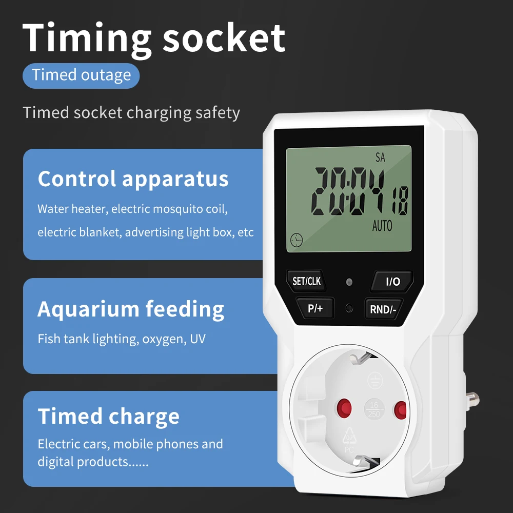 Digital Timer Switch EU Programmable Electronic Timing Socket Outlet Appliance Time Control Timed Countdown Random Function