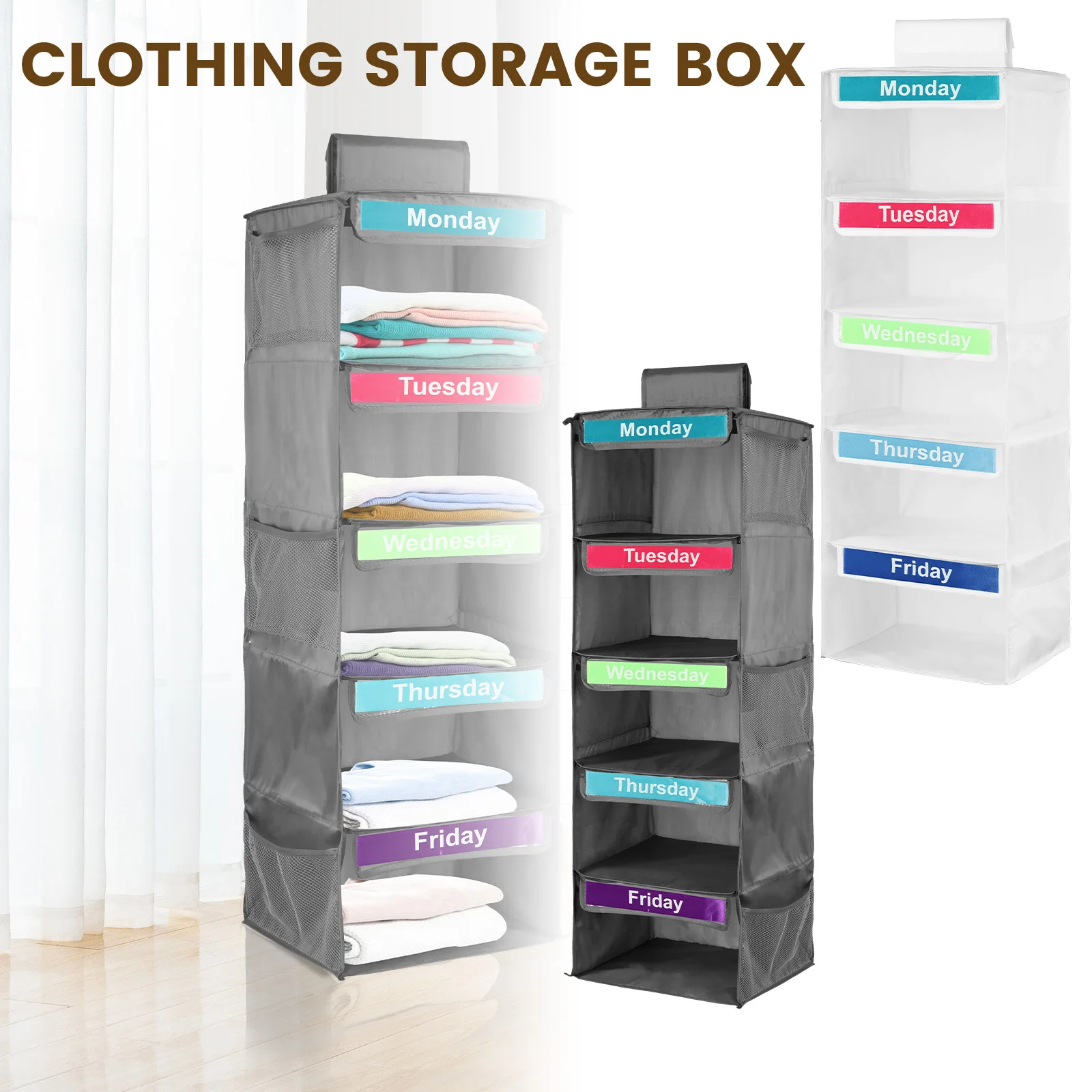 

Weekly Clothes Organizer 5 Layer Days of The Week Clothes Storage Holder with Label & Side Pocket 30lbs Hanging Clothes Hanger