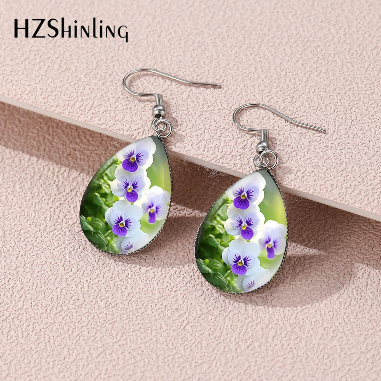 2024 New Arrival Fashion Colorful Pansy Flowers Tear Drop Fish Hook Earrings Handmade Stainless Steel Jewelry Earrings