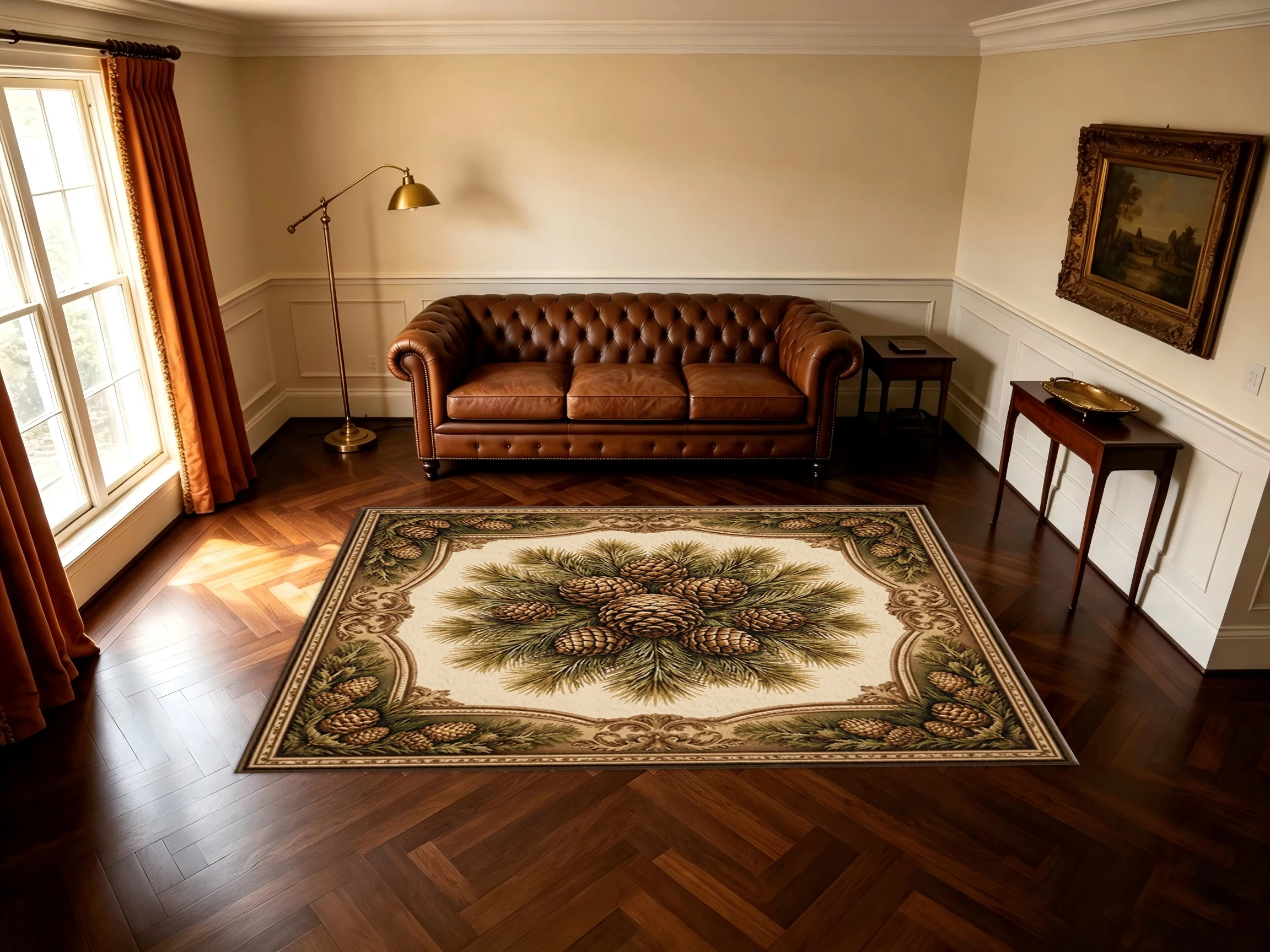 Vintage Pine Cone Pine Branch Area Rug Rustic Forest Ornate Border Non‑Slip Floor Mat for Living Room Bedroom Home Decor