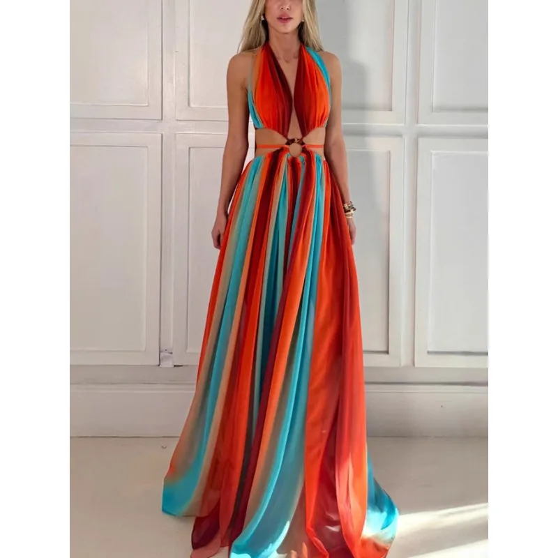 Seksowna Sukienka Maxi na Wakacje na Plaży w Kolorach Tęczy, Długa do Podłogi, Wiązana na Szyi, Bez Pleców, z Wycięciami, Szyfonowa, Plisowana, w Stylu Boho, Koktajlowa