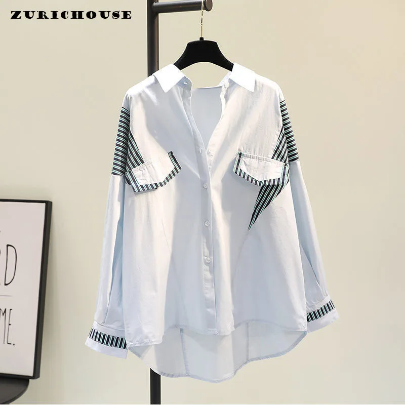 

ZURICHOUSE Turn-down Collar Blouses Women Chic Tops Casual Fashion Fake Pocket Design Asymmetric Patchwork Striped Shirt