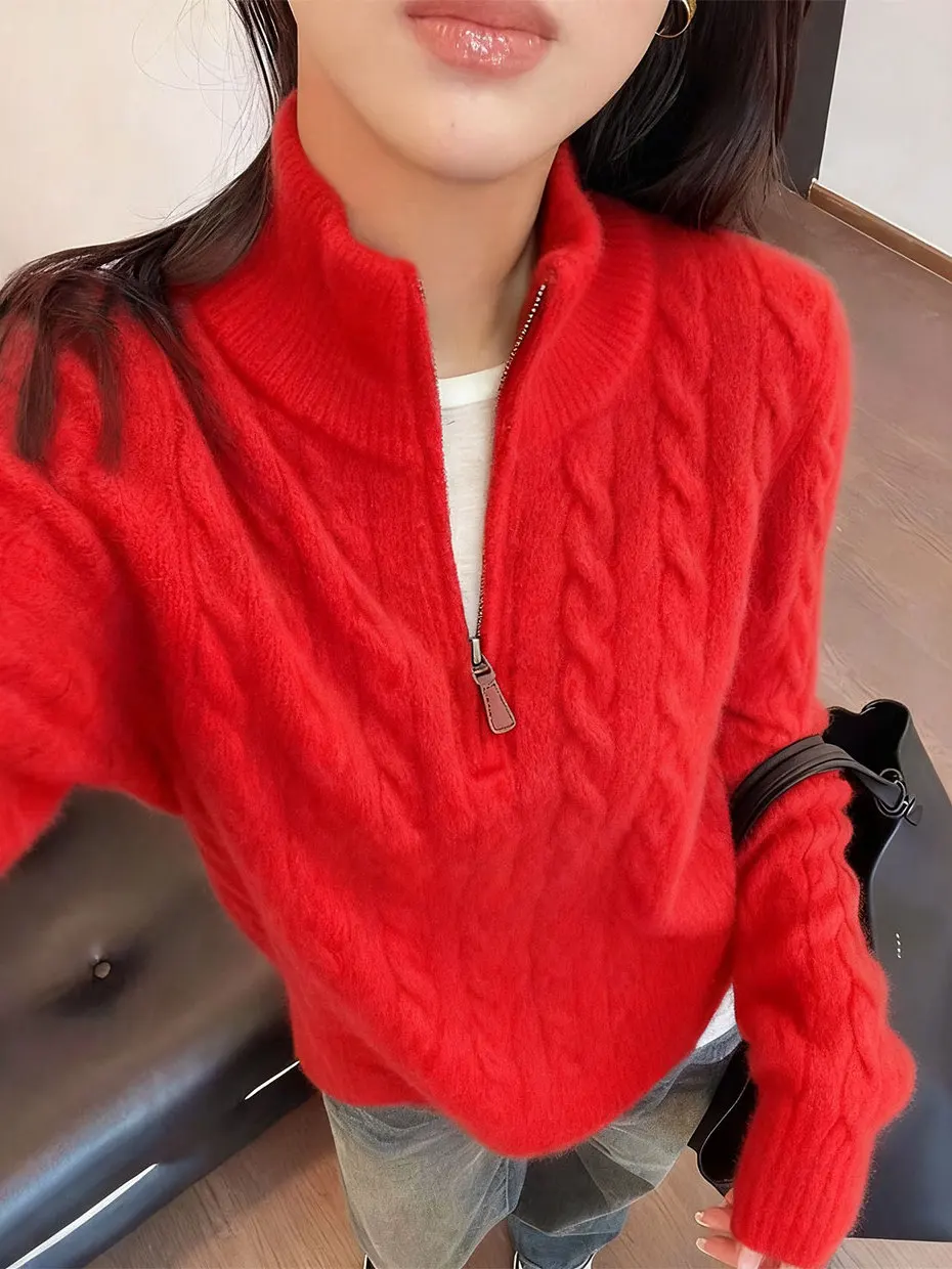 

Red Twisted Knit Sweater Women's Autumn Winter Half Zip High Collar Base Layer Top Fashionable Warm Polyester Fiber Long Sleeve