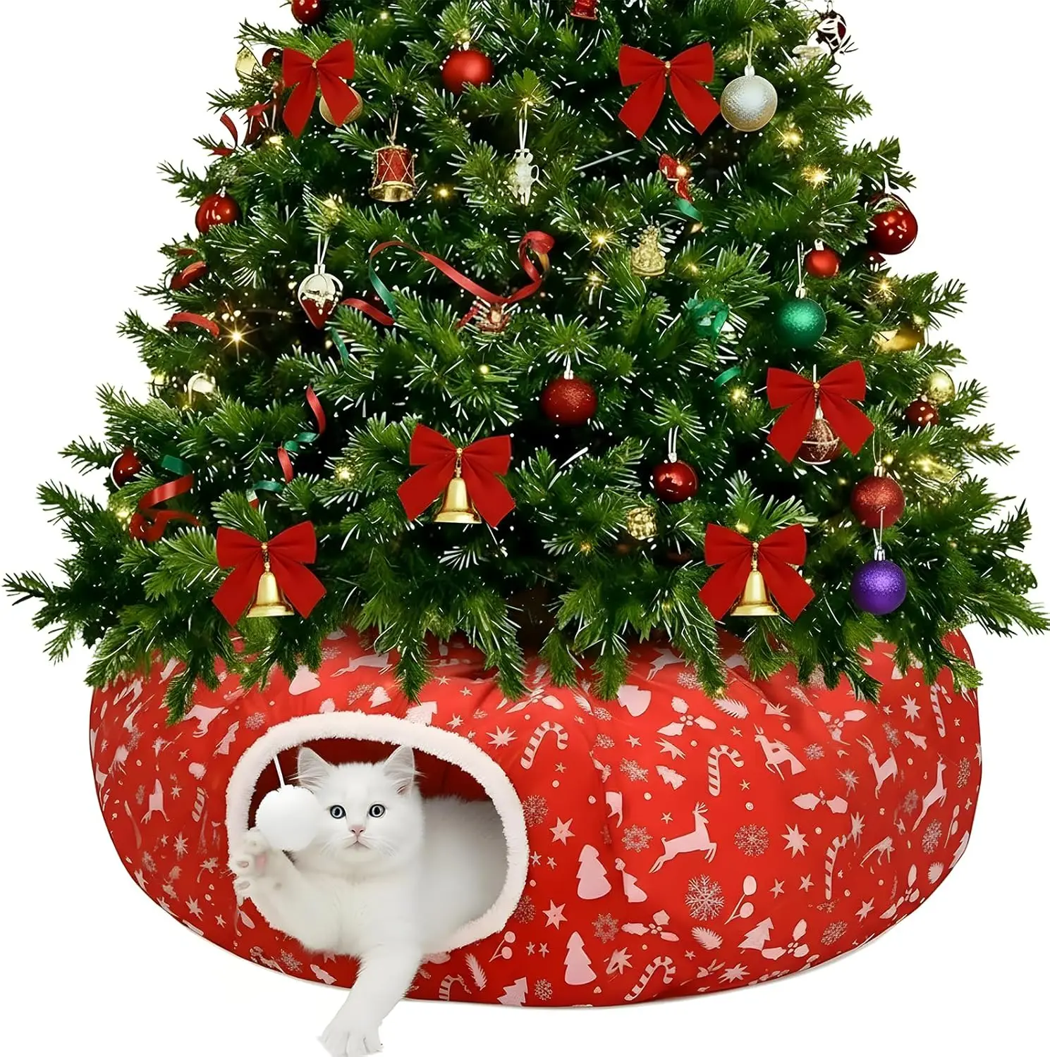 

Cat Tunnel Christmas Tree Skirt with Ball Soft Peekaboo Bed Cave Donut Toy for Kittens (Vibrant Style)