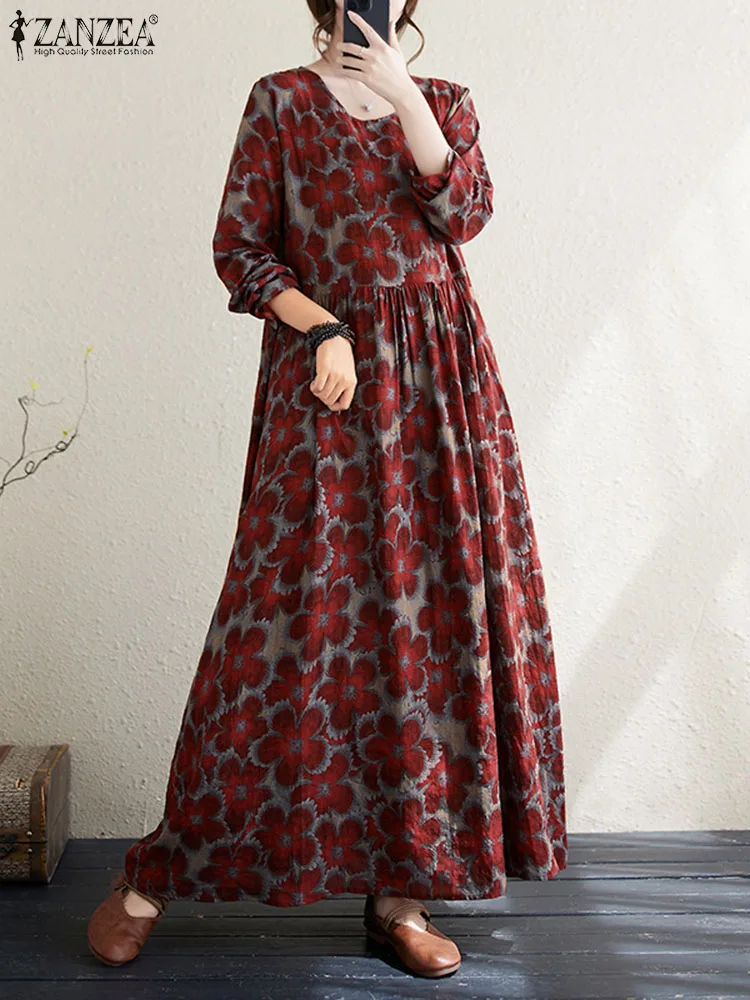 ZANZEA Vintage Women Floral Printed Sundress Bohemian Holiday Maxi Dress Spring Long Sleeve Party Vestido Robe Femme Kaftan 2024